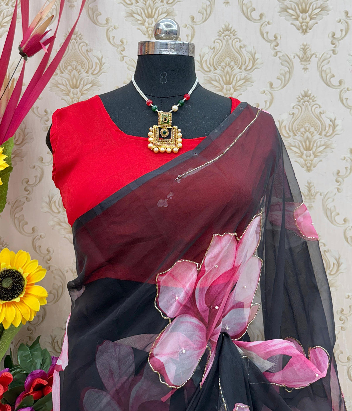 Adorning 1-Minute Ready To Wear Black Organza Silk Saree