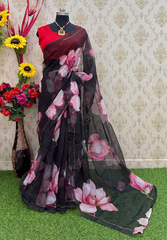 Adorning 1-Minute Ready To Wear Black Organza Silk Saree