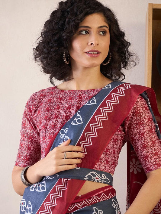 Impressive 1-Minute Ready To Wear grey&red mul cotton  Saree