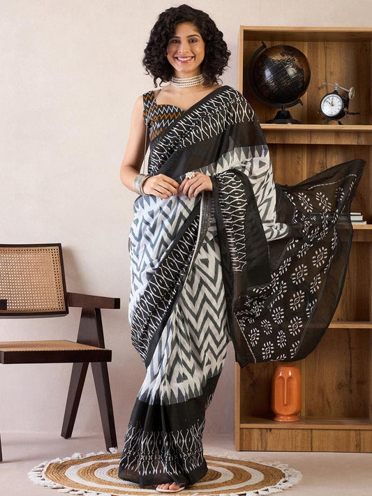 Vivacious 1-Minute Ready To Wear black&white mul cotton  Saree