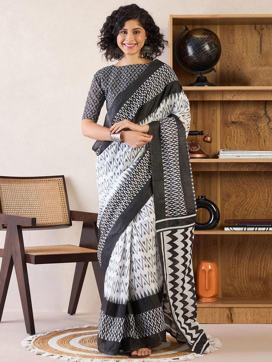 Arresting 1-Minute Ready To Wear black&white mul cotton Saree