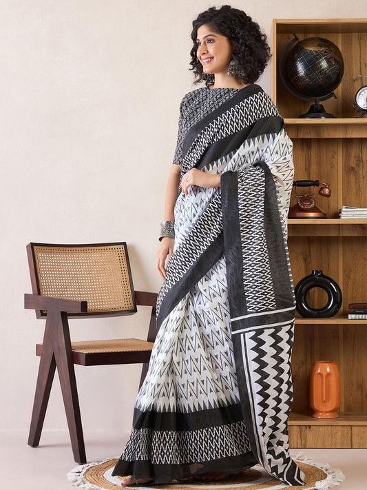 Arresting 1-Minute Ready To Wear black&white mul cotton Saree