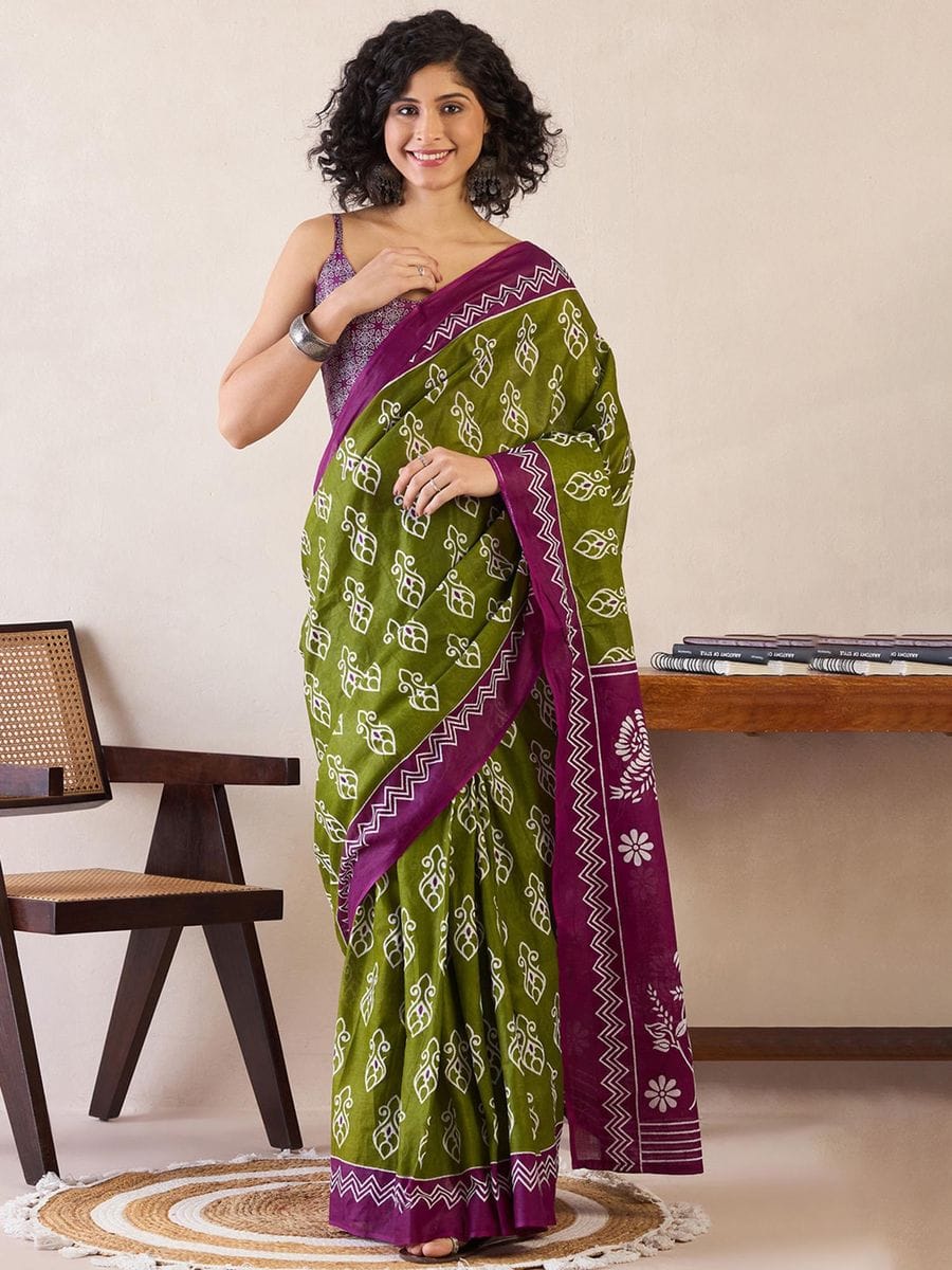 Incredible 1-Minute Ready To Wear green&purple mul cotton  Saree