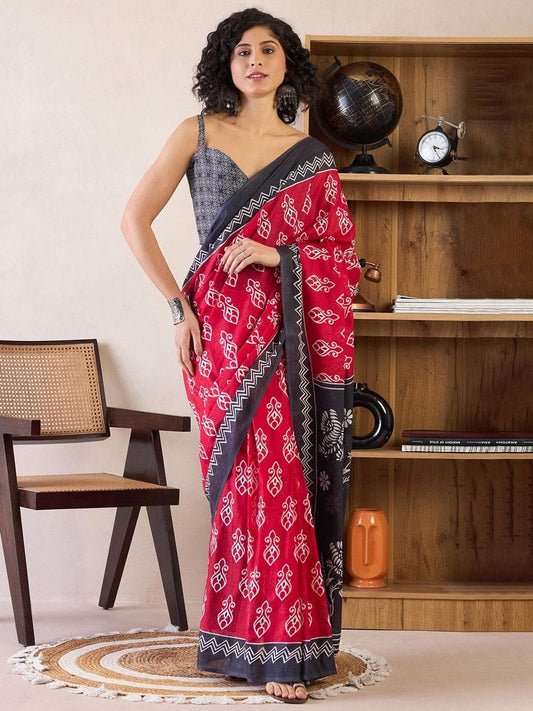 Improbable 1-Minute Ready To Wear red&black mul cotton  Saree