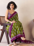 Incredible 1-Minute Ready To Wear green&purple mul cotton  Saree