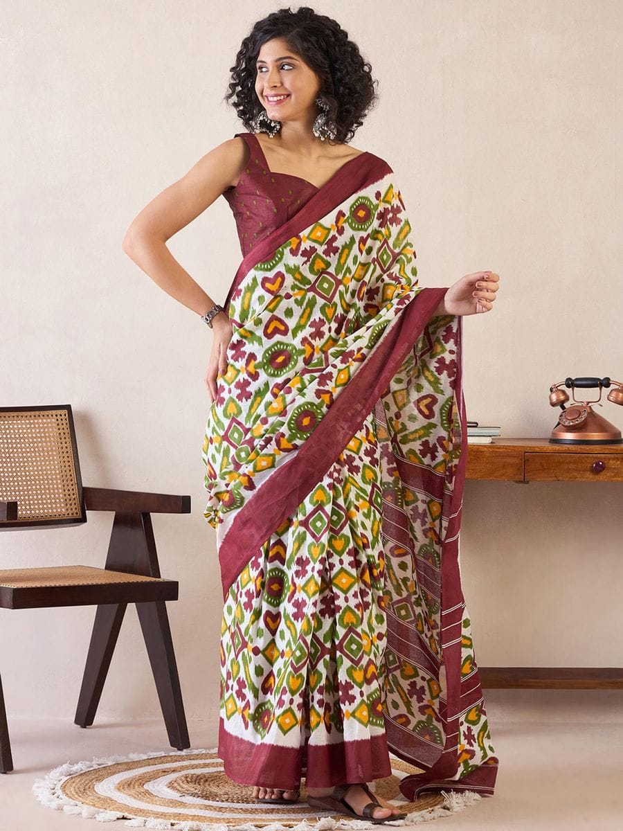 Effulgent 1-Minute Ready To Wear Maroon mul cotton  Saree