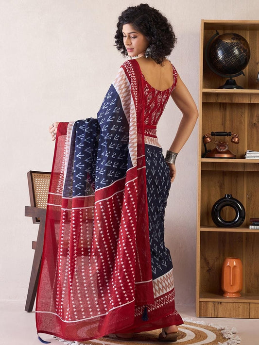 Elaborate 1-Minute Ready To Wear Blue&red mul cotton  Saree