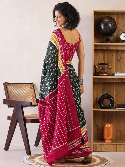 Demesne 1-Minute Ready To Wear black&Red mul cotton  Saree