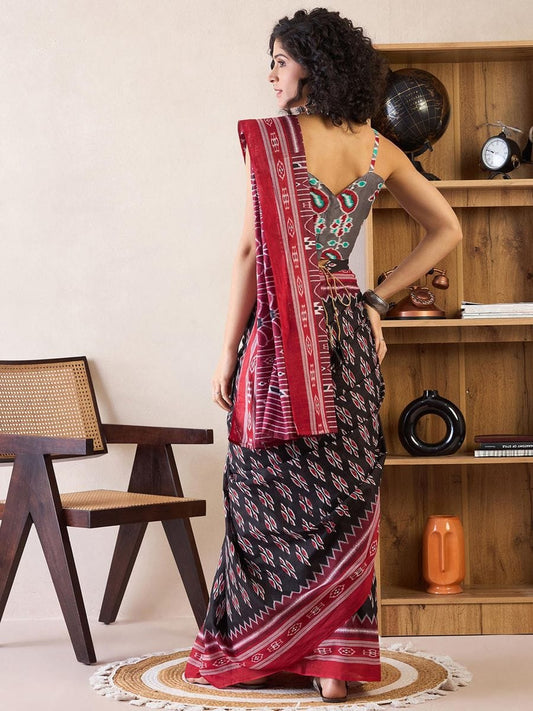 Surreptitious 1-Minute Ready To Wear Red&black  mul Cotton Saree
