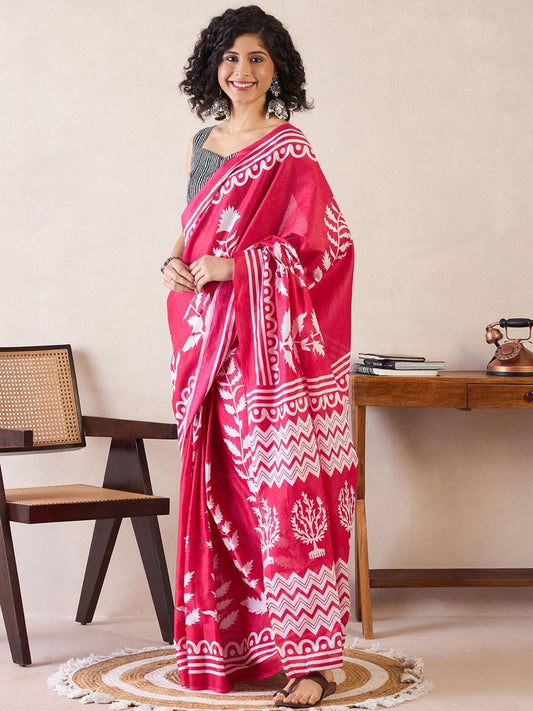 Dissemble 1-Minute Ready To Wear Red MUL COTTON  Saree