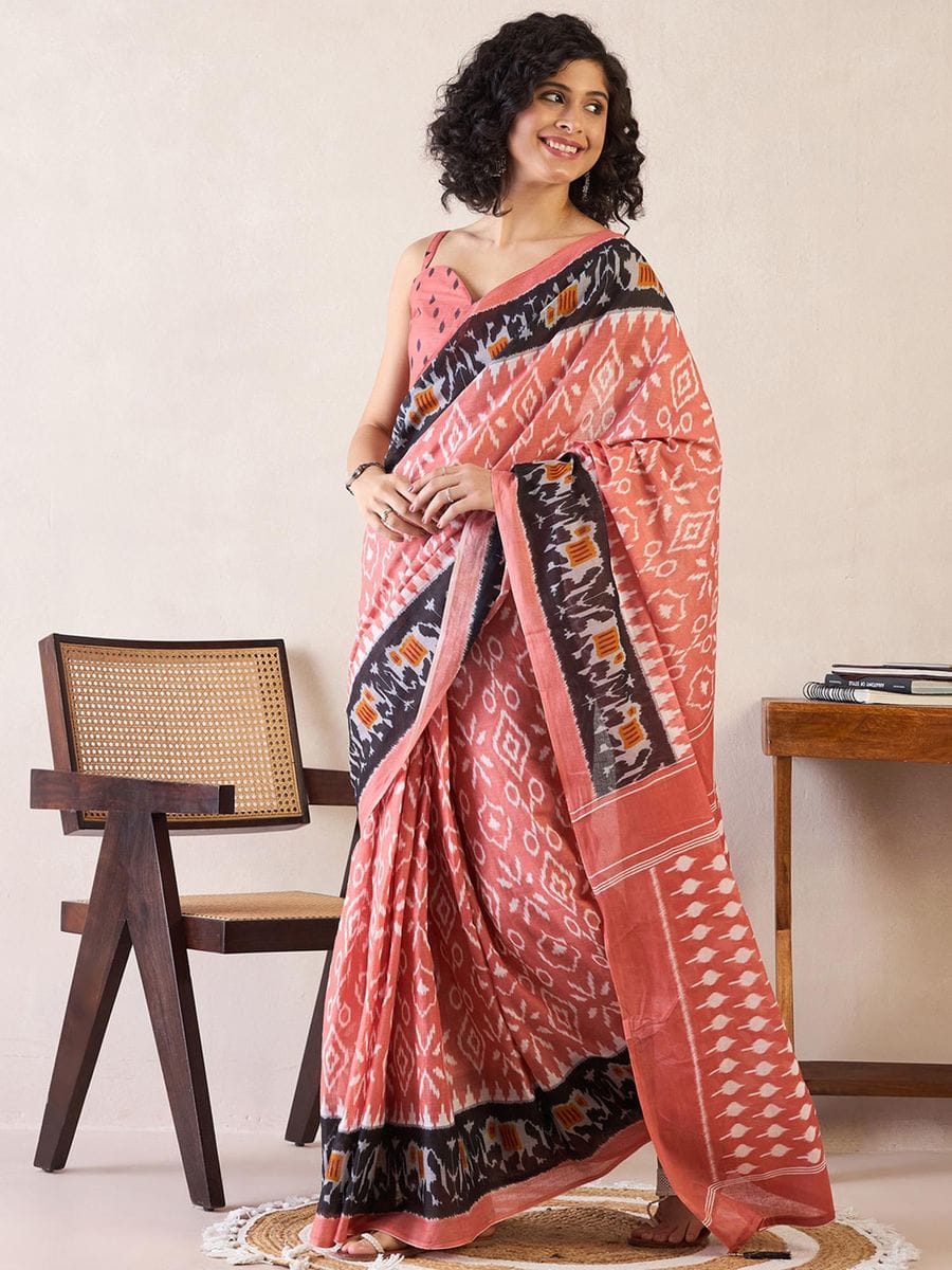 Moiety 1-Minute Ready To Wear Peach mul cotton  Silk Saree