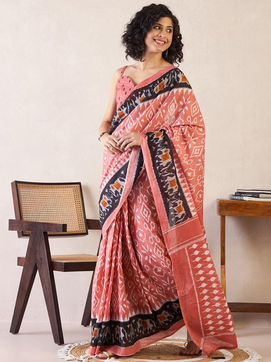 Moiety 1-Minute Ready To Wear Peach mul cotton  Silk Saree