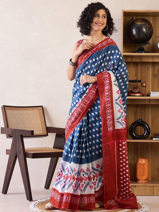 Demesne 1-Minute Ready To Wear blue&Red mul cotton  Saree