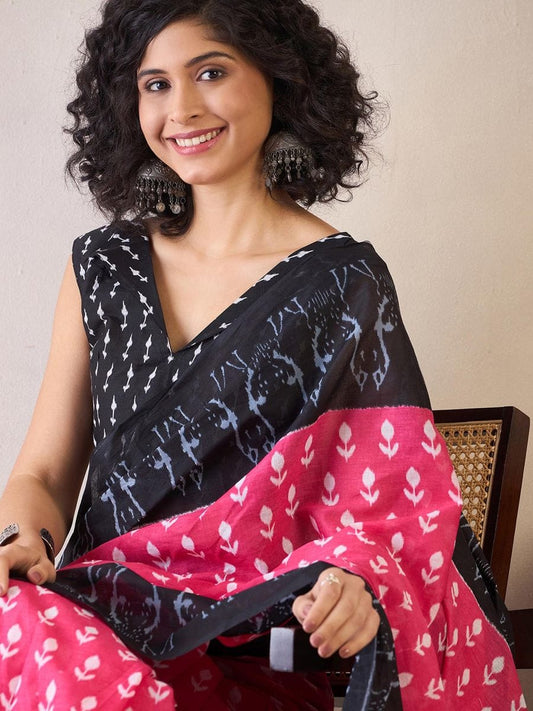 Ethereal 1-Minute Ready To Wear Black&pink  mul Cotton Saree