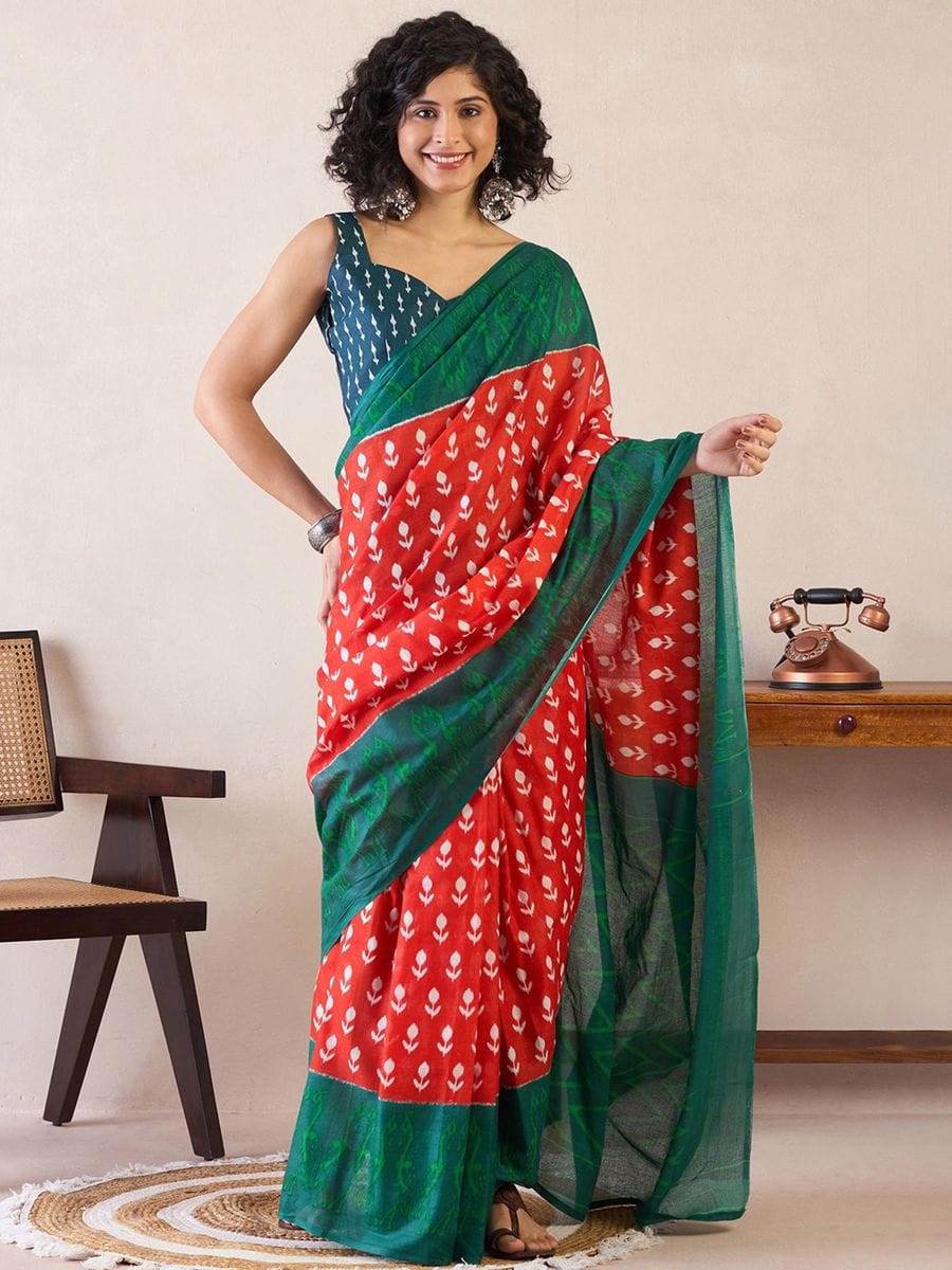 Mellifluous 1-Minute Ready To green&redmul cotton  Saree