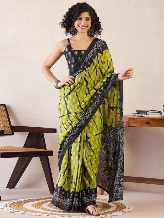 Capricious 1-Minute Ready To Wear  Green MUL COTTON  Saree