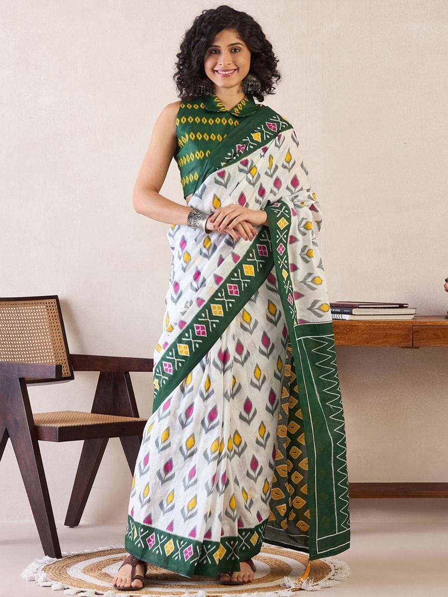 Luxuriant 1-Minute Ready To Wear Green&white  mul cotton  Saree