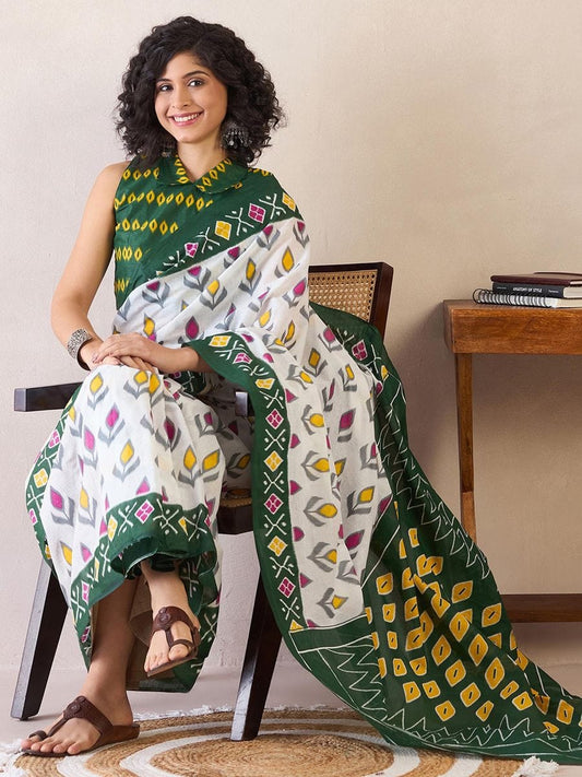Luxuriant 1-Minute Ready To Wear Green&white  mul cotton  Saree