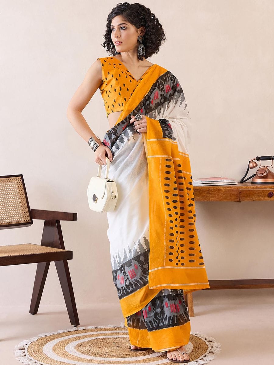 Engrossing 1-Minute Ready To Wear yellow&white mul cotton Saree