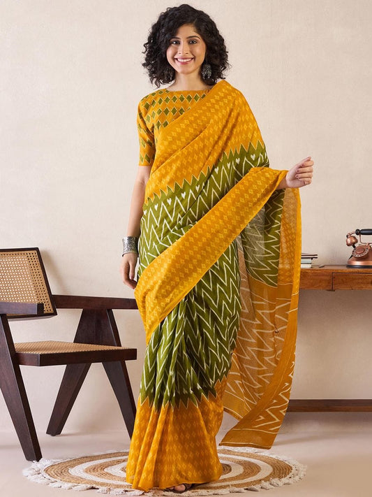 Redolent 1-Minute Ready To Wear Yellow&green  mul cotton  Saree