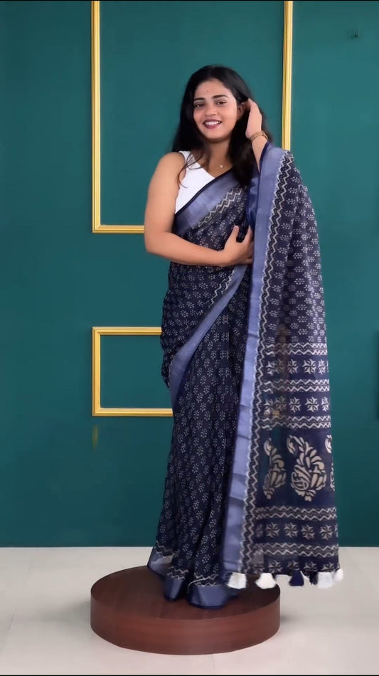 One-Minute Wonder: Stylish Blue Cotton Saree for Every Occasion