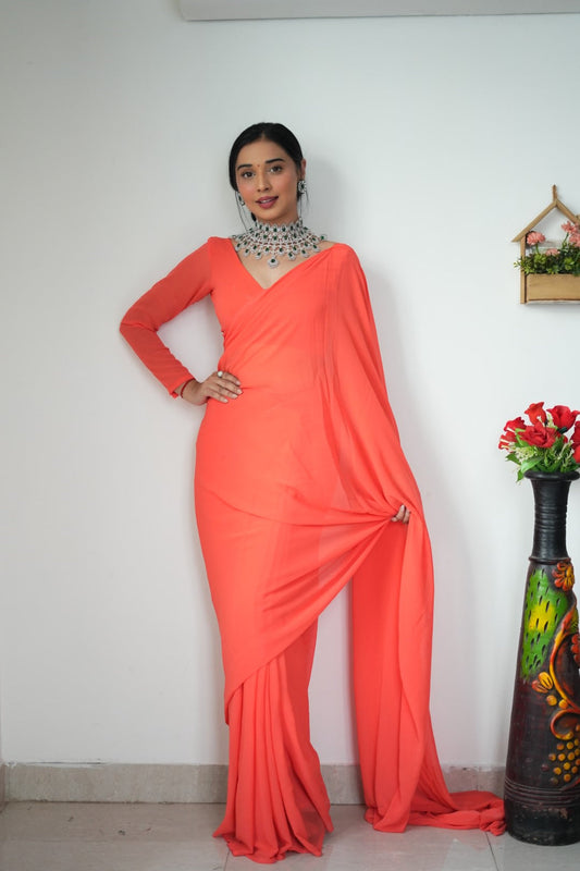 Lightweight Ready-to-Wear Plain Orange Color Georgette Saree