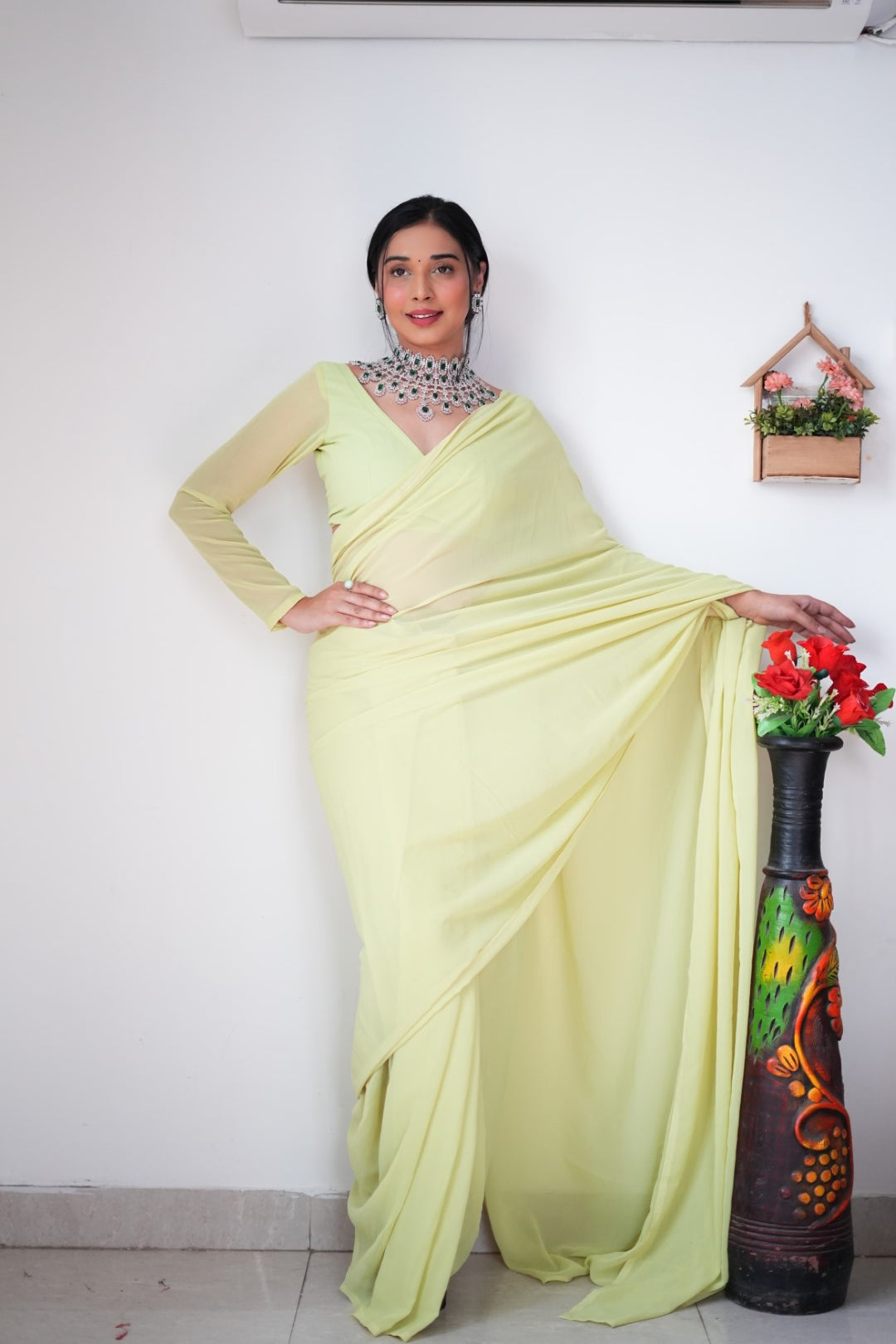 Lightweight Ready-to-Wear Plain Lemon Color Georgette Saree