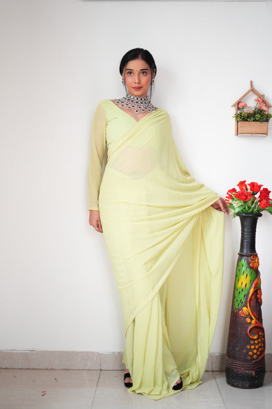Lightweight Ready-to-Wear Plain Lemon Color Georgette Saree