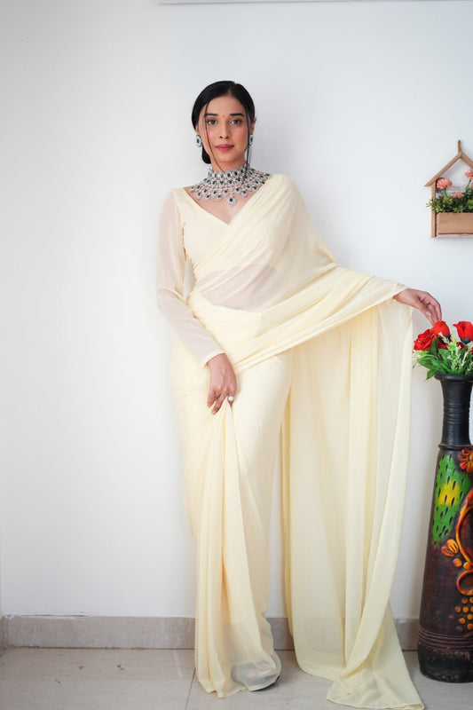 Lightweight Ready-to-Wear Plain White Color Georgette Saree