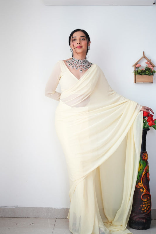 Lightweight Ready-to-Wear Plain White Color Georgette Saree