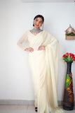 Lightweight Ready-to-Wear Plain White Color Georgette Saree