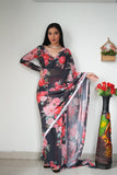 Black With Pink Color Flower Georgette Saree: One Minute Draping Magic for Today’s Fashion-Forward Women