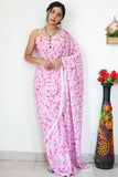 Extraordinary 1-Minute Ready To Wear Baby Pink Printed Satin Silk Saree