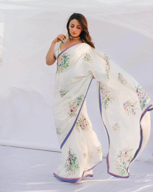 Attractive 1-Minute Ready To Wear White Satin Silk Saree