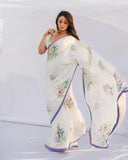 Attractive 1-Minute Ready To Wear White Satin Silk Saree