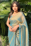 Glittering Firozi Fancy Silk Saree With Delightful Blouse Piece