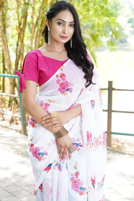 Evocative 1-Minute Ready To Wear Off White Georgette Saree