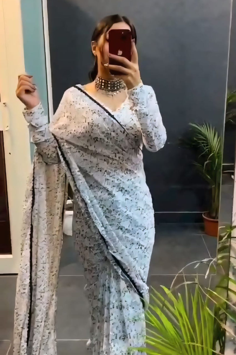 Mellifluous 1-Minute Ready To Off White Georgette Saree
