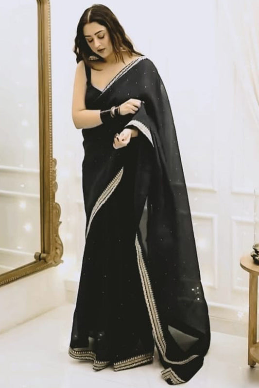 Adorning 1-Minute Ready To Wear Black Organza Silk Saree