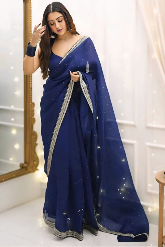 Gossamer 1-Minute Ready To Wear Navy Blue Organza Silk Saree