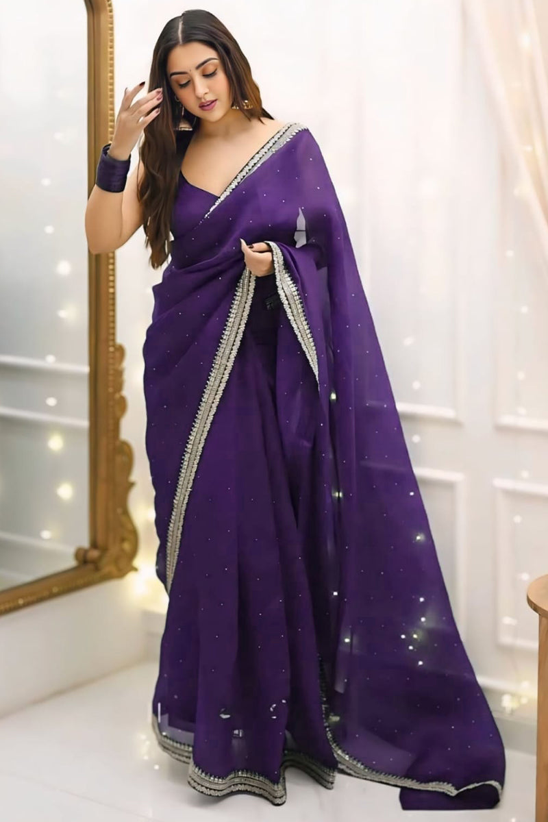 Lagniappe 1-Minute Ready To Wear Purple Organza Silk Saree