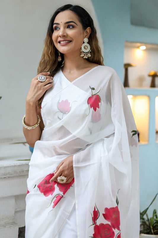 Gratifying 1-Minute Ready To Wear Off White Georgette Saree