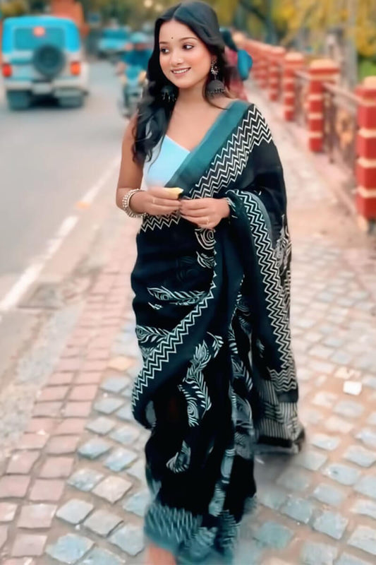 Whimsical 1-Minute Ready To Wear Black Cotton Saree