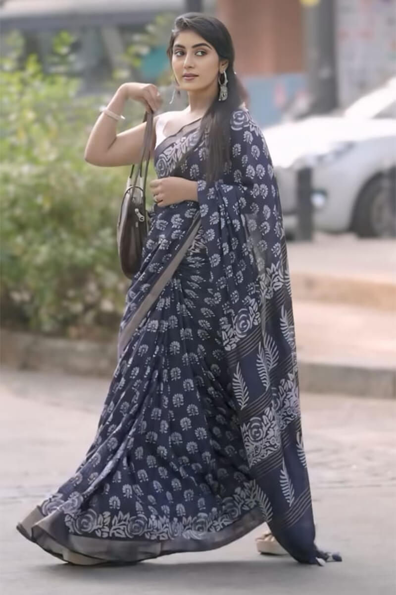 Charismatic 1-Minute Ready To Wear Navy Blue Cotton Saree