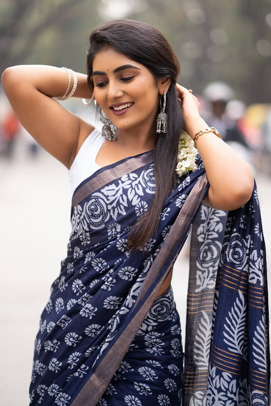 Charismatic 1-Minute Ready To Wear Navy Blue Cotton Saree