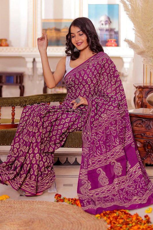 Elaborate 1-Minute Ready To Wear Purple Cotton Saree