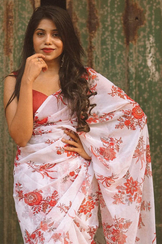 Vibrant 1-Minute Ready To Wear Off White Georgette Saree