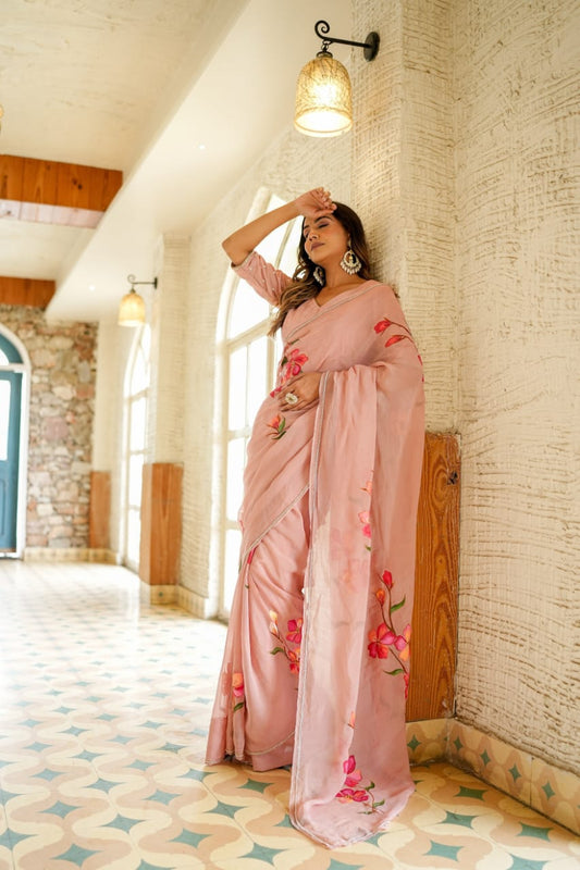 Moiety 1-Minute Ready To Wear Peach Georgette Silk Saree