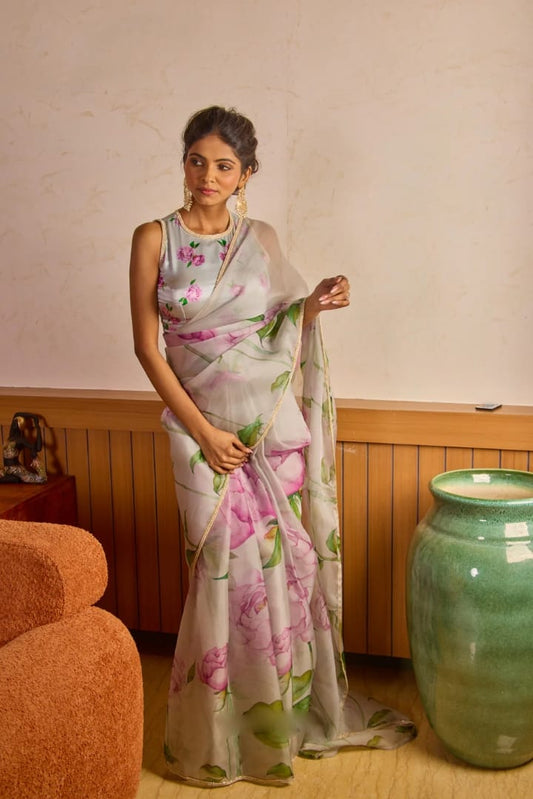 Resonant 1-Minute Ready To Wear Sky Organza Silk Saree