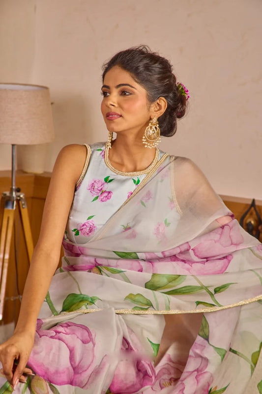 Resonant 1-Minute Ready To Wear Sky Organza Silk Saree